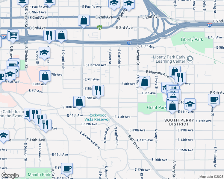 map of restaurants, bars, coffee shops, grocery stores, and more near 840 South Garfield Street in Spokane