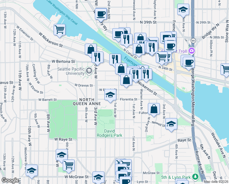 map of restaurants, bars, coffee shops, grocery stores, and more near 15 West Etruria Street in Seattle