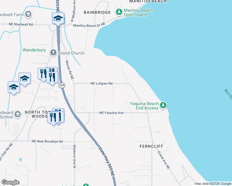 map of restaurants, bars, coffee shops, grocery stores, and more near 9977 Northeast Lofgren Road in Bainbridge Island
