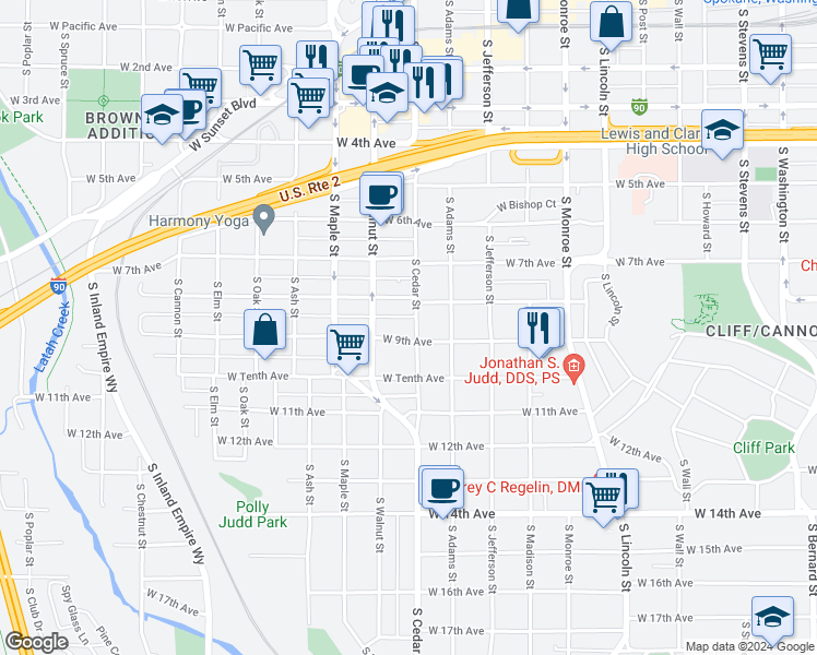 map of restaurants, bars, coffee shops, grocery stores, and more near 1324 West 9th Avenue in Spokane