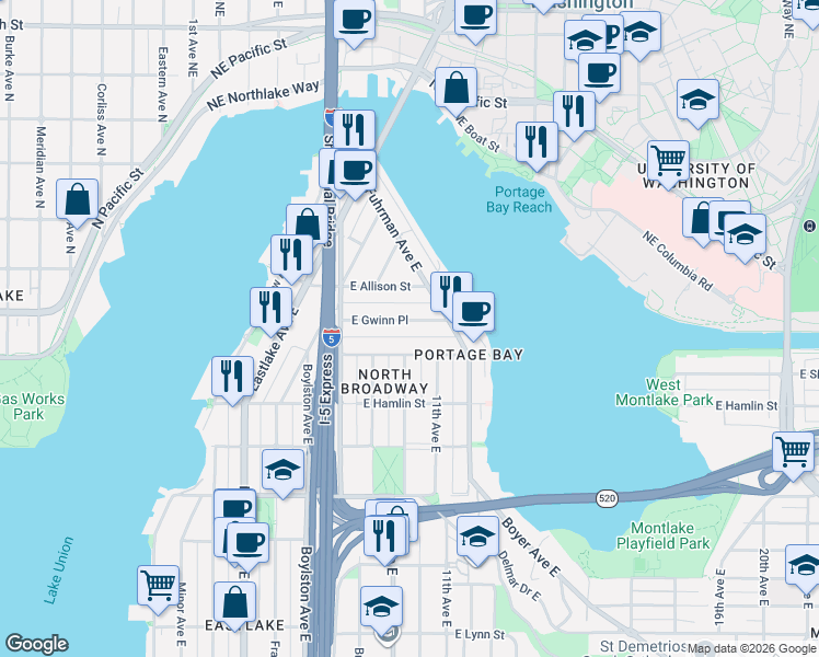 map of restaurants, bars, coffee shops, grocery stores, and more near 873 East Gwinn Place in Seattle