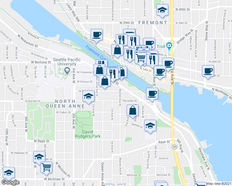map of restaurants, bars, coffee shops, grocery stores, and more near 63 Etruria Street in Seattle