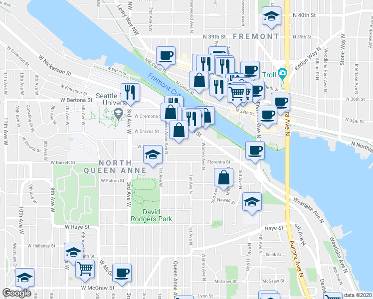 map of restaurants, bars, coffee shops, grocery stores, and more near 29 Etruria Street in Seattle