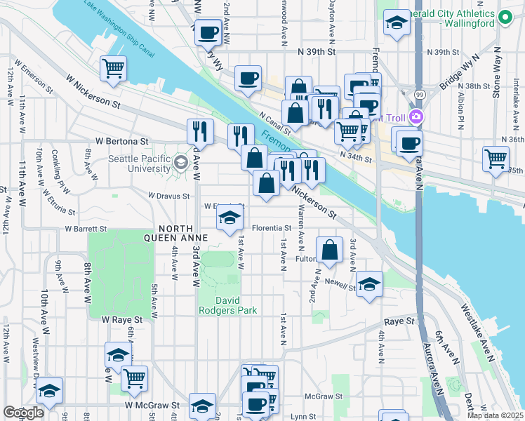 map of restaurants, bars, coffee shops, grocery stores, and more near 29 Etruria Street in Seattle