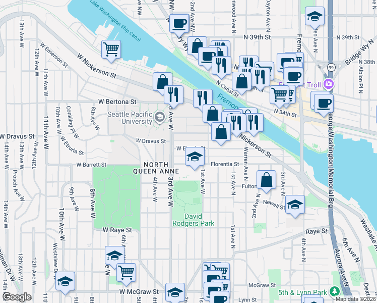 map of restaurants, bars, coffee shops, grocery stores, and more near 41 Etruria Street in Seattle
