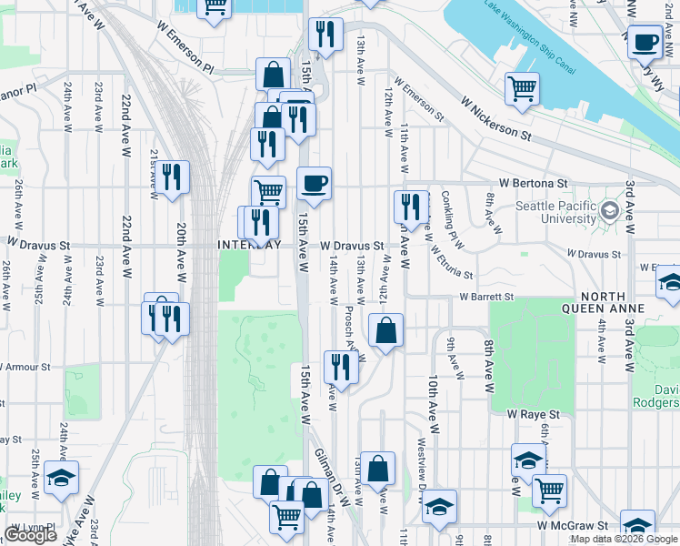 map of restaurants, bars, coffee shops, grocery stores, and more near 3030 14th Avenue West in Seattle