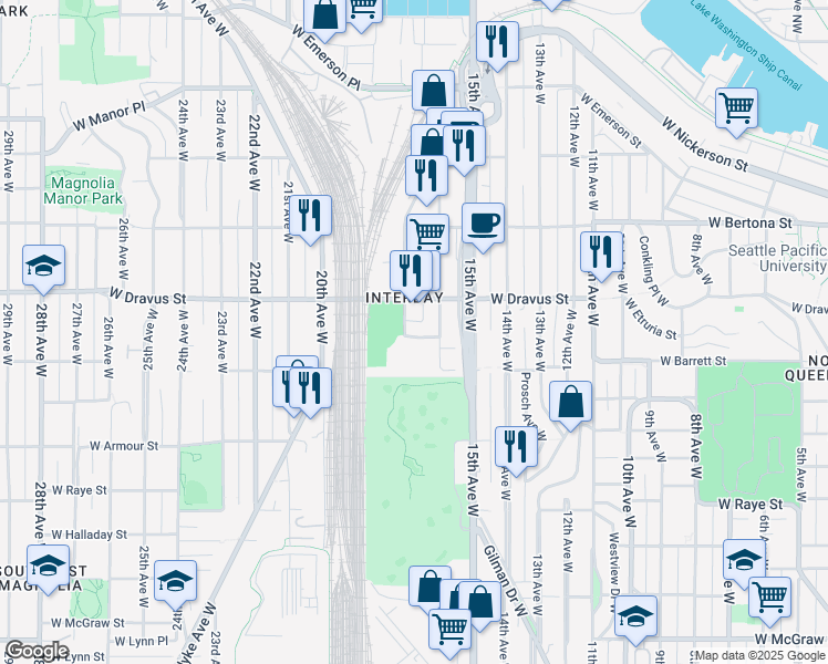 map of restaurants, bars, coffee shops, grocery stores, and more near 3027 17th Avenue West in Seattle