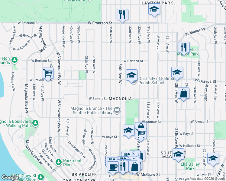 map of restaurants, bars, coffee shops, grocery stores, and more near in Seattle
