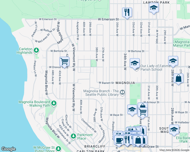 map of restaurants, bars, coffee shops, grocery stores, and more near 3027 38th Avenue West in Seattle