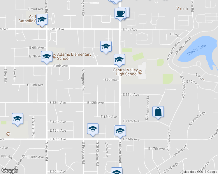 map of restaurants, bars, coffee shops, grocery stores, and more near 1009 South Newer Road in Spokane Valley