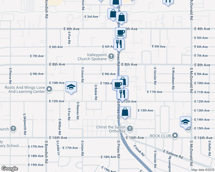map of restaurants, bars, coffee shops, grocery stores, and more near 1005 South Whipple Road in Spokane Valley