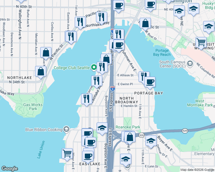 map of restaurants, bars, coffee shops, grocery stores, and more near 2921 Franklin Avenue East in Seattle