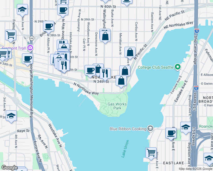 map of restaurants, bars, coffee shops, grocery stores, and more near 3326 Wallingford Avenue North in Seattle