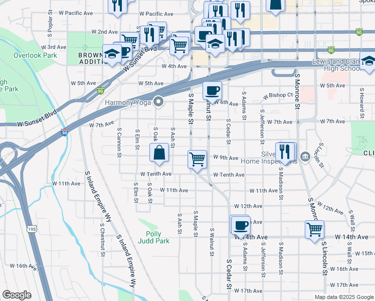 map of restaurants, bars, coffee shops, grocery stores, and more near 820 South Maple Street in Spokane