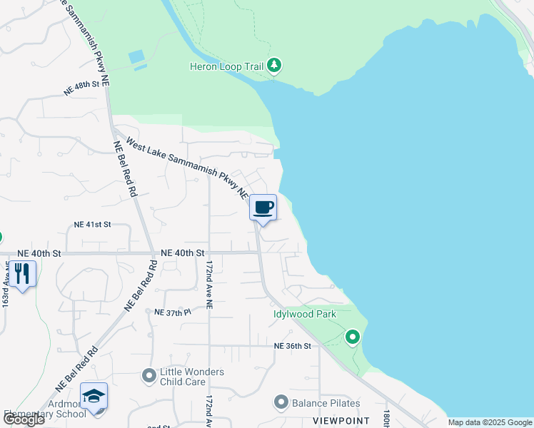 map of restaurants, bars, coffee shops, grocery stores, and more near 17494 Northeast 40th Place in Redmond