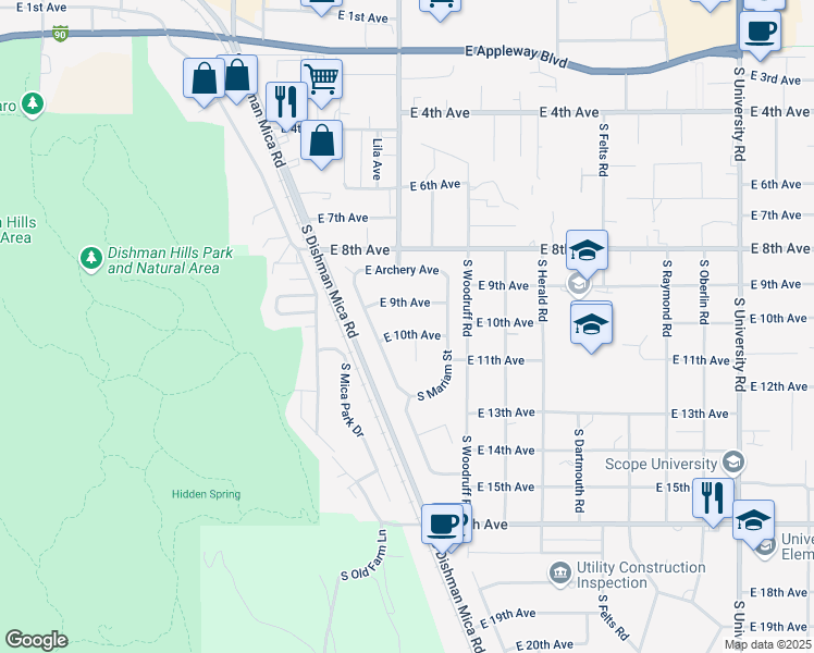 map of restaurants, bars, coffee shops, grocery stores, and more near 9619 East 10th Avenue in Spokane Valley