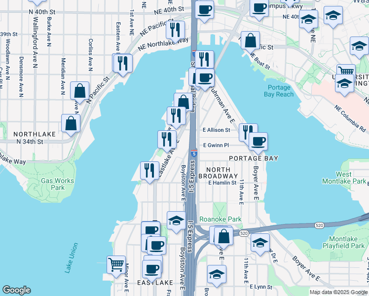map of restaurants, bars, coffee shops, grocery stores, and more near 2921 Franklin Avenue East in Seattle