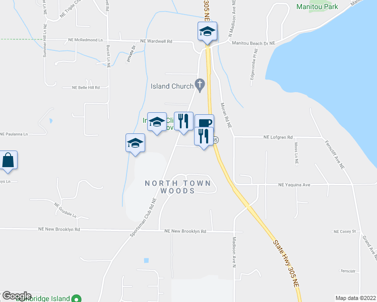 map of restaurants, bars, coffee shops, grocery stores, and more near 9423 Northeast Business Park Lane in Bainbridge Island