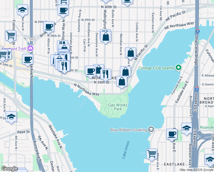 map of restaurants, bars, coffee shops, grocery stores, and more near 3326 Wallingford Avenue North in Seattle