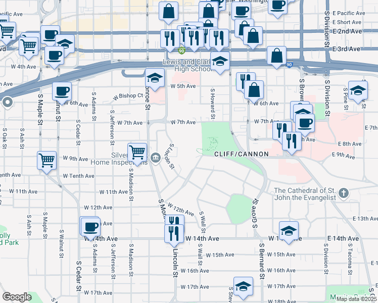 map of restaurants, bars, coffee shops, grocery stores, and more near 710 West Cliff Drive in Spokane