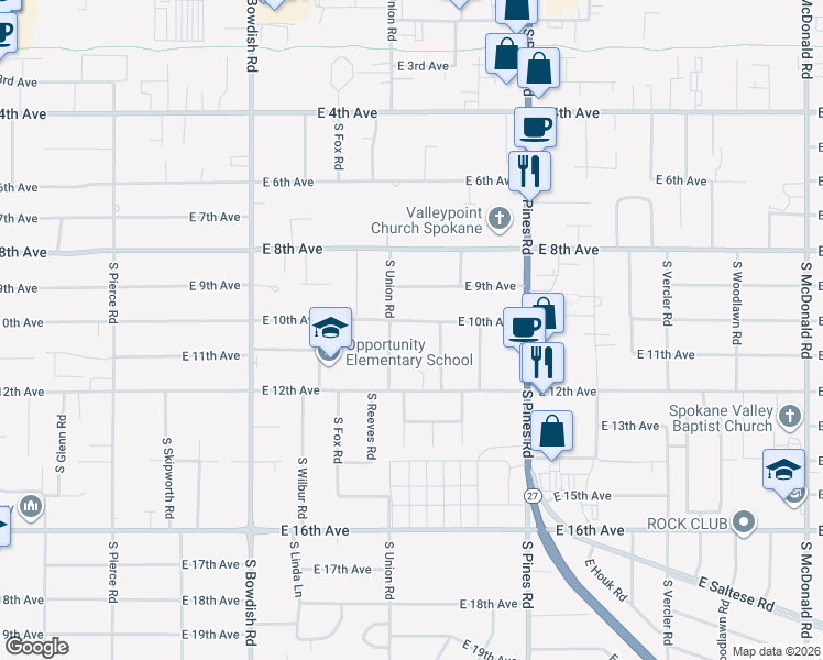 map of restaurants, bars, coffee shops, grocery stores, and more near 11910 East 10th Avenue in Spokane Valley