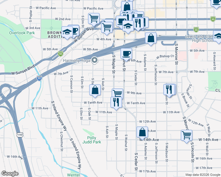 map of restaurants, bars, coffee shops, grocery stores, and more near 1616 West 9th Avenue in Spokane