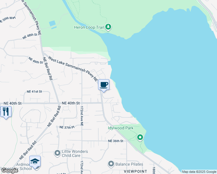 map of restaurants, bars, coffee shops, grocery stores, and more near 4050 West Lake Sammamish Parkway Northeast in Redmond