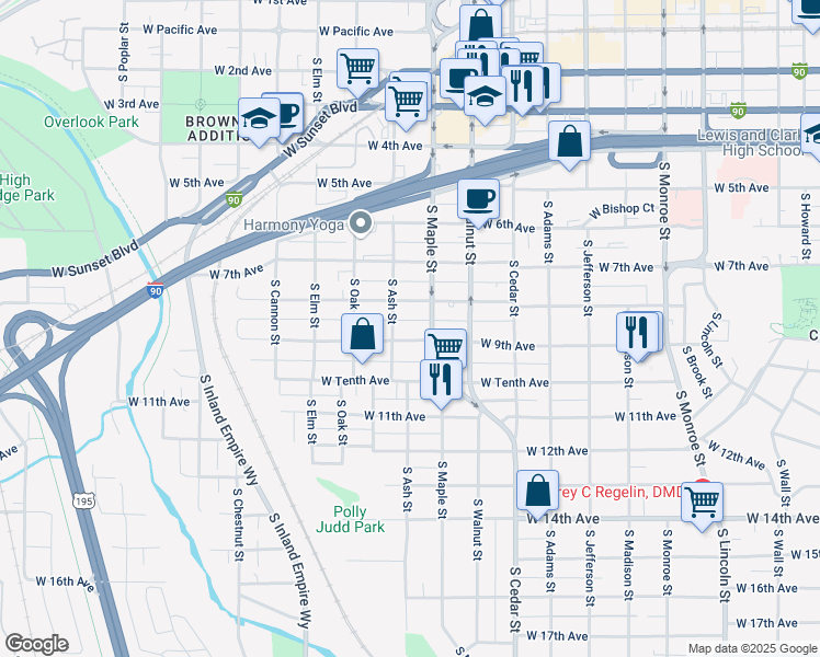 map of restaurants, bars, coffee shops, grocery stores, and more near 1616 W 9th Ave in Spokane