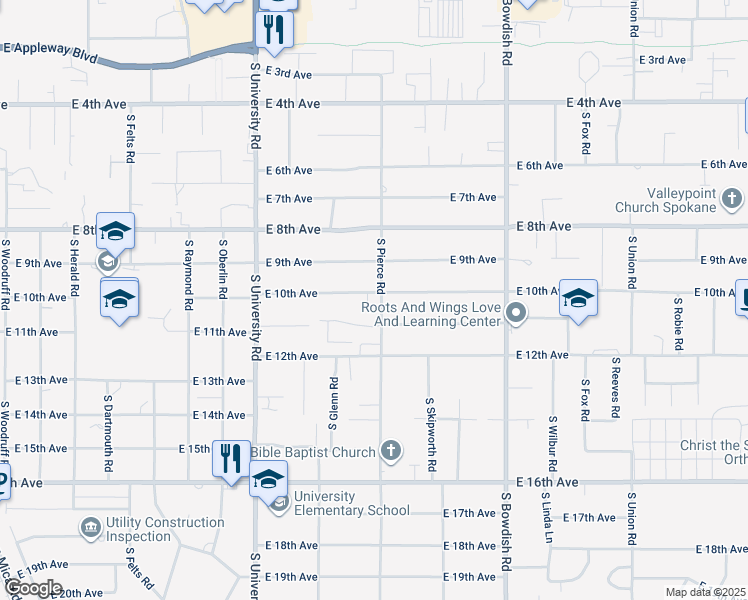 map of restaurants, bars, coffee shops, grocery stores, and more near 11020 East 10th Avenue in Spokane Valley