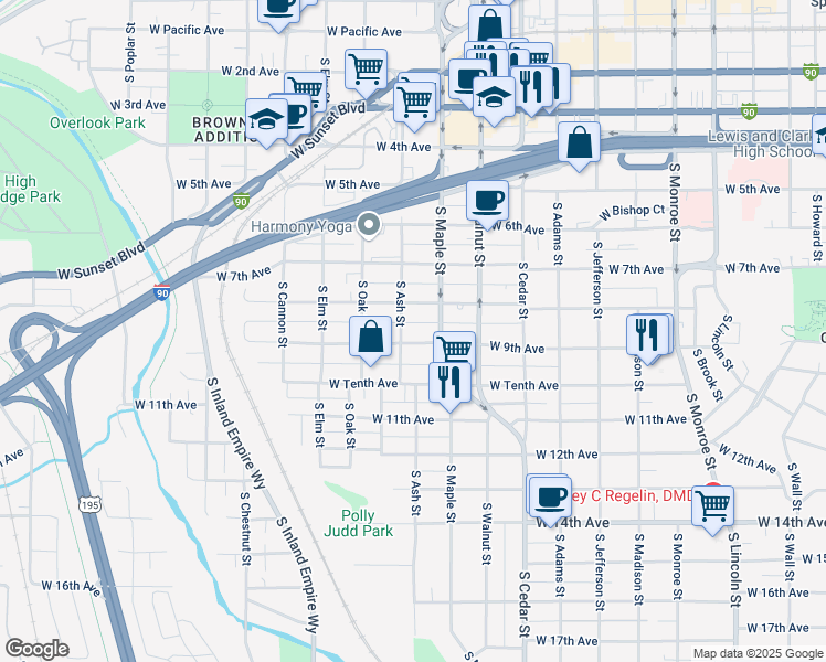 map of restaurants, bars, coffee shops, grocery stores, and more near 1616 West 9th Avenue in Spokane