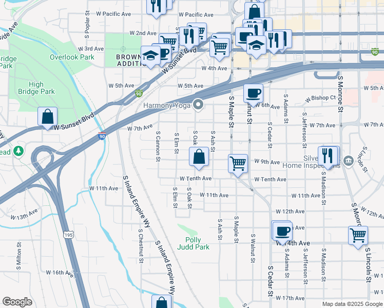 map of restaurants, bars, coffee shops, grocery stores, and more near 1810 West 9th Avenue in Spokane