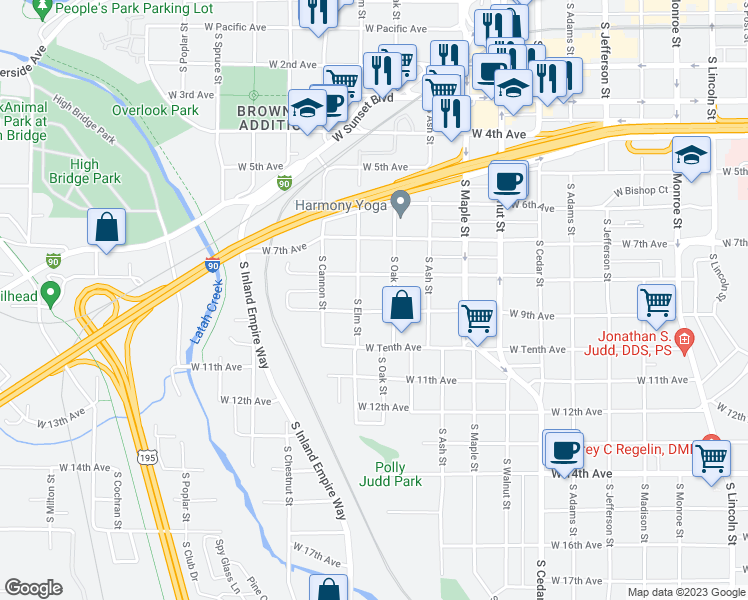 map of restaurants, bars, coffee shops, grocery stores, and more near 1810 West 9th Avenue in Spokane