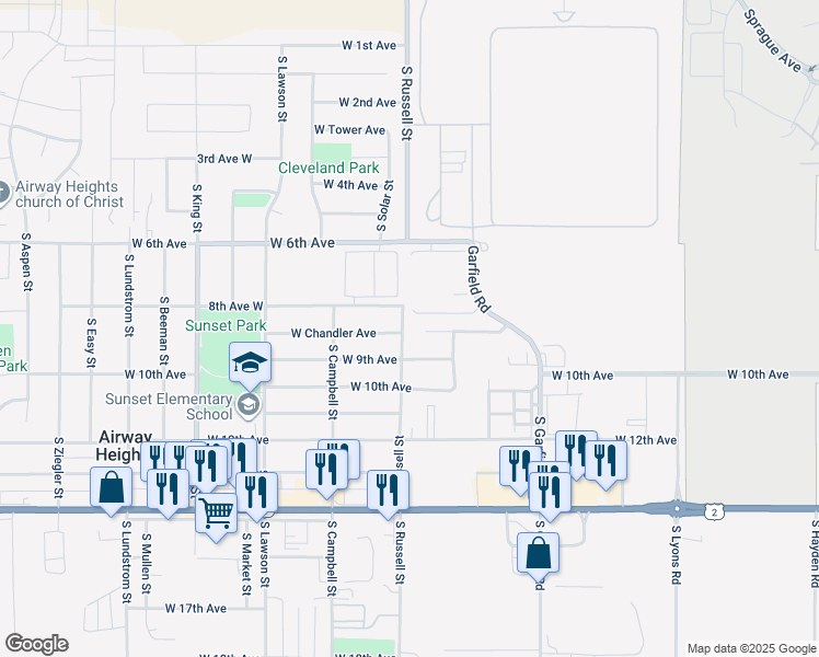 map of restaurants, bars, coffee shops, grocery stores, and more near 821 South Russell Street in Airway Heights