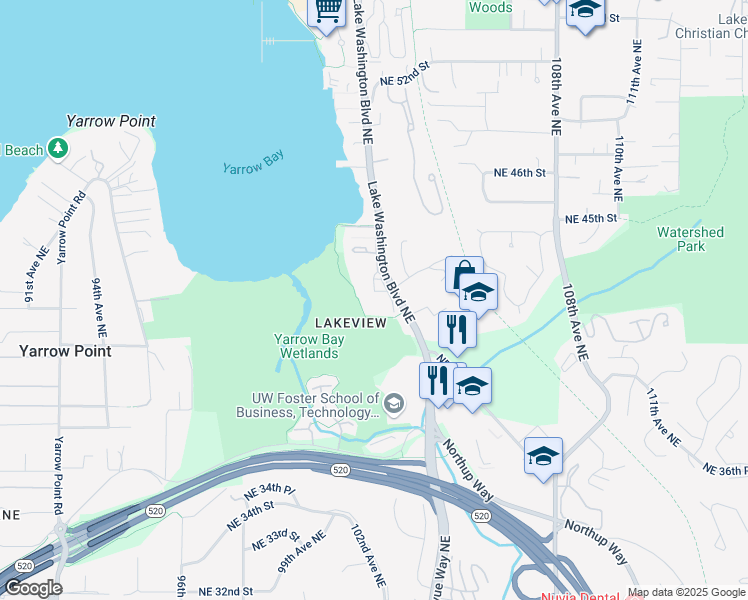 map of restaurants, bars, coffee shops, grocery stores, and more near 4301 Lake Washington Boulevard Northeast in Kirkland