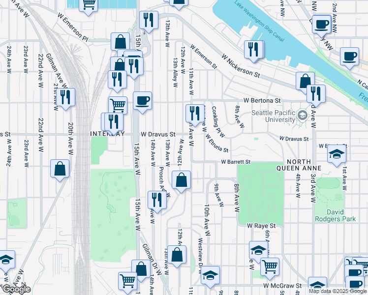 map of restaurants, bars, coffee shops, grocery stores, and more near 3020 11th Avenue West in Seattle