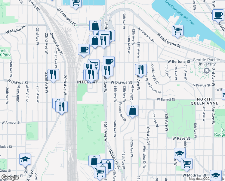 map of restaurants, bars, coffee shops, grocery stores, and more near 3000 15th Avenue West in Seattle