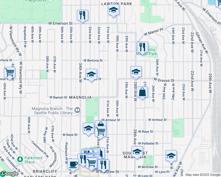 map of restaurants, bars, coffee shops, grocery stores, and more near 3019 31st Avenue West in Seattle