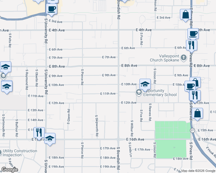 map of restaurants, bars, coffee shops, grocery stores, and more near 11320 East 10th Avenue in Spokane Valley