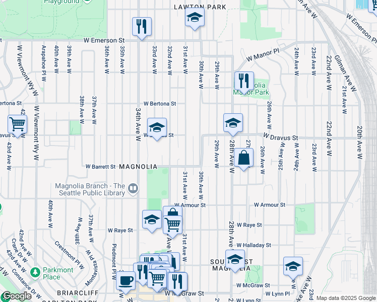 map of restaurants, bars, coffee shops, grocery stores, and more near 3019 31st Avenue West in Seattle