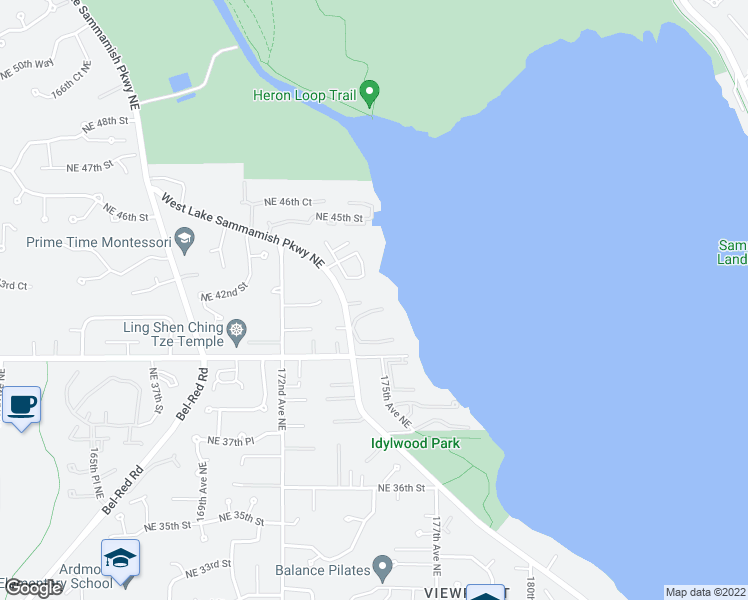 map of restaurants, bars, coffee shops, grocery stores, and more near 17494 Northeast 40th Place in Redmond