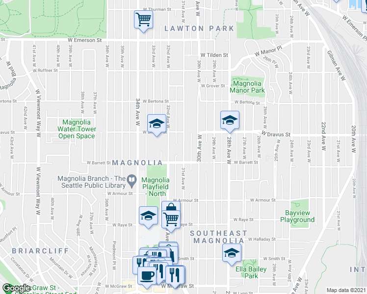 map of restaurants, bars, coffee shops, grocery stores, and more near 31st Avenue West in Seattle