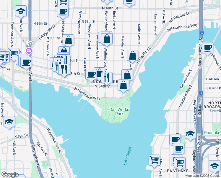 map of restaurants, bars, coffee shops, grocery stores, and more near 3325 Burke Avenue North in Seattle