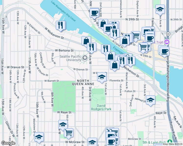 map of restaurants, bars, coffee shops, grocery stores, and more near 3rd Ave W & W Etruria St in Seattle
