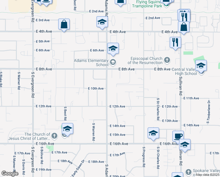 map of restaurants, bars, coffee shops, grocery stores, and more near 1011 South Adams Road in Spokane Valley