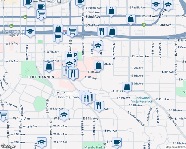 map of restaurants, bars, coffee shops, grocery stores, and more near 34 East 8th Avenue in Spokane