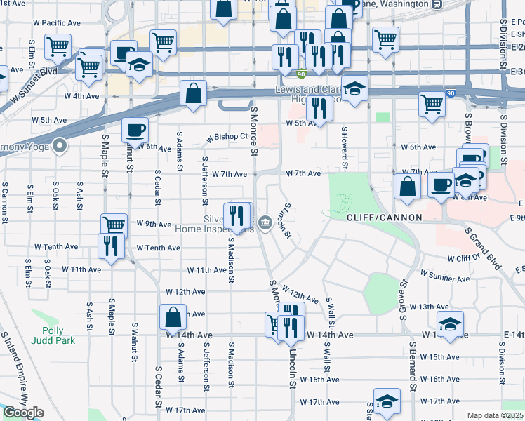 map of restaurants, bars, coffee shops, grocery stores, and more near 830 South Lincoln Place in Spokane