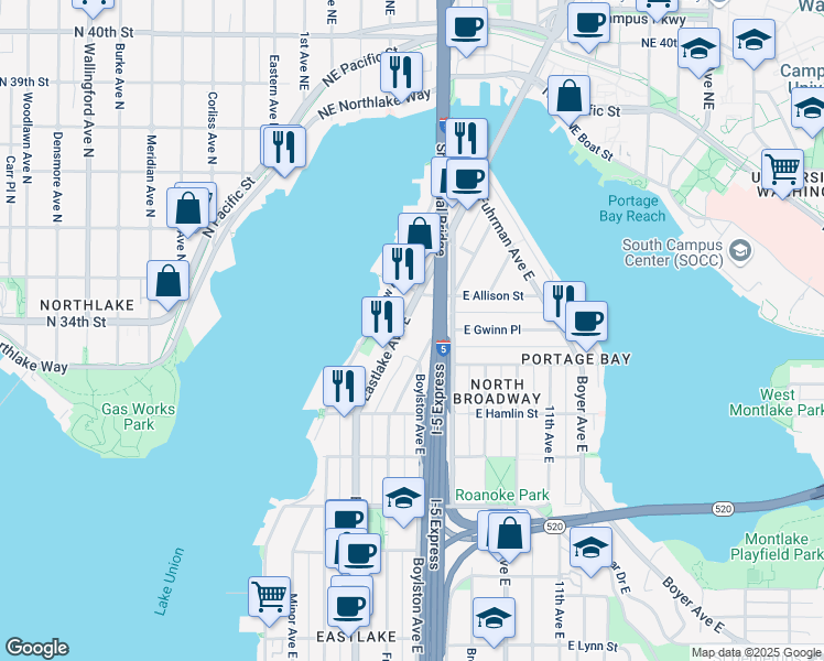 map of restaurants, bars, coffee shops, grocery stores, and more near 2915 Franklin Avenue East in Seattle