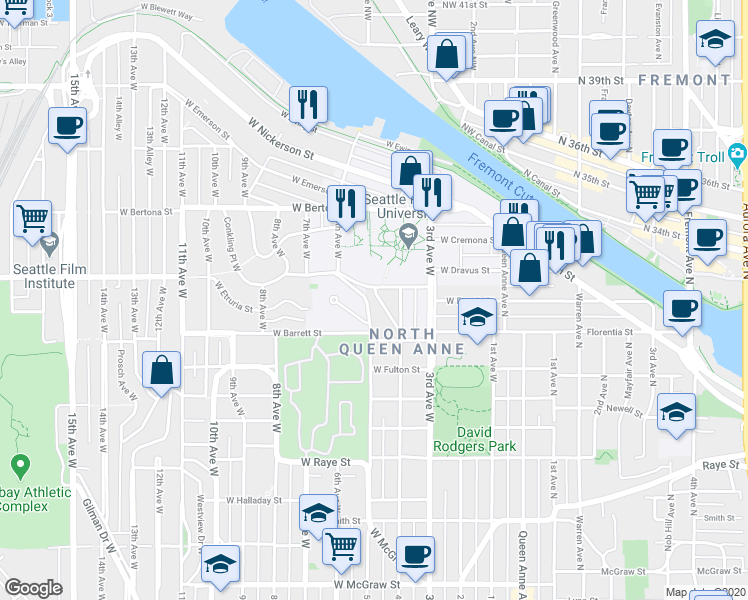 map of restaurants, bars, coffee shops, grocery stores, and more near 5102 West Etruria Street in Seattle