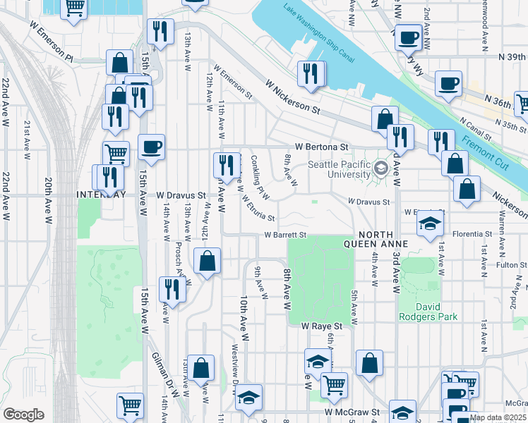 map of restaurants, bars, coffee shops, grocery stores, and more near 809 West Etruria Street in Seattle