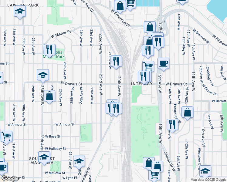 map of restaurants, bars, coffee shops, grocery stores, and more near 3027a 21st Avenue West in Seattle